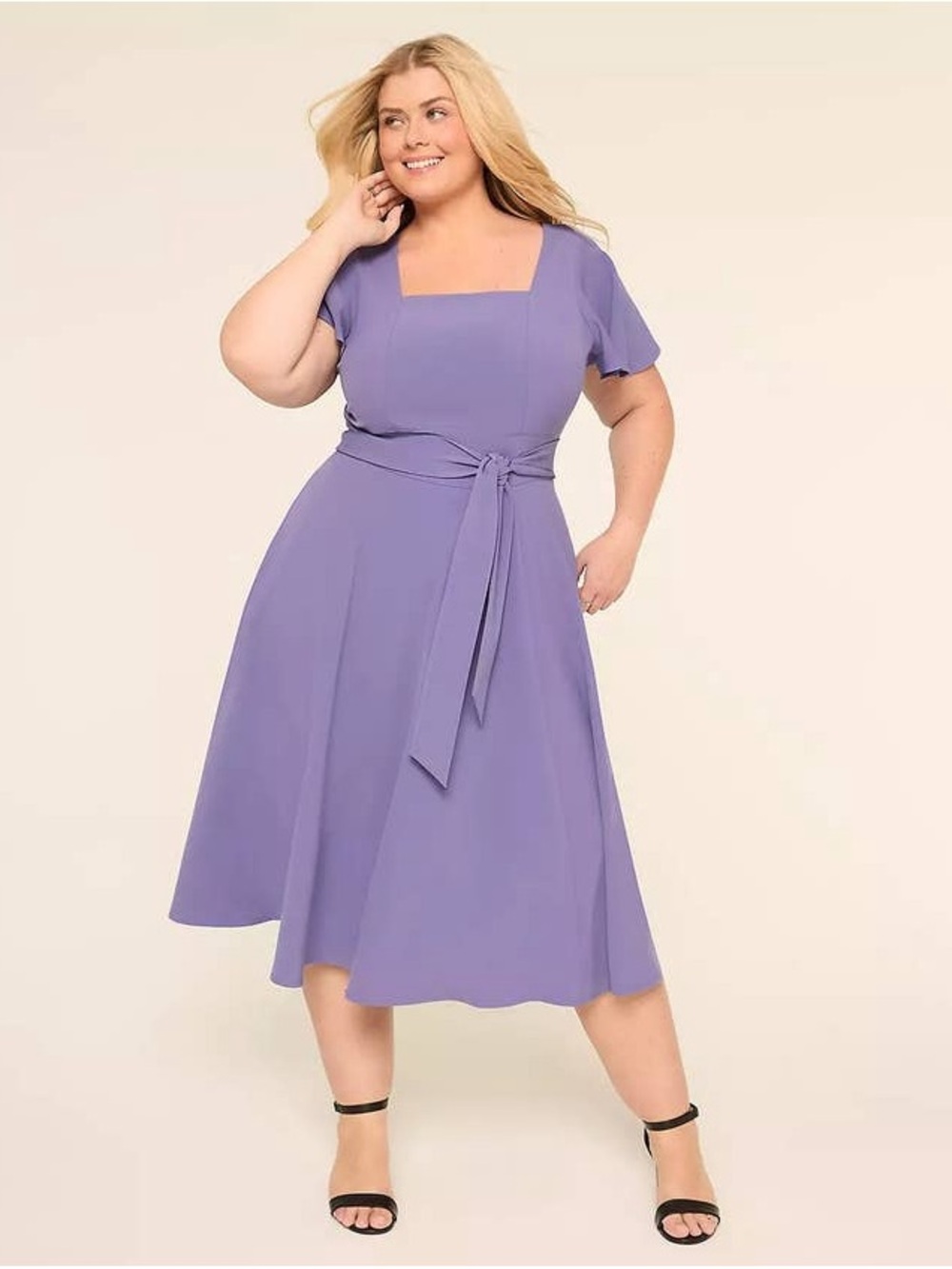 Lane Bryant Lavender Square-Neck Tie-Waist Midi Dress — Soft Lilac